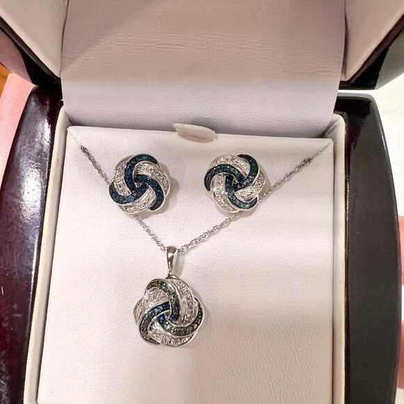 Sterling Silver Blue and White Diamond Necklace and Earring Set Jewelry Set